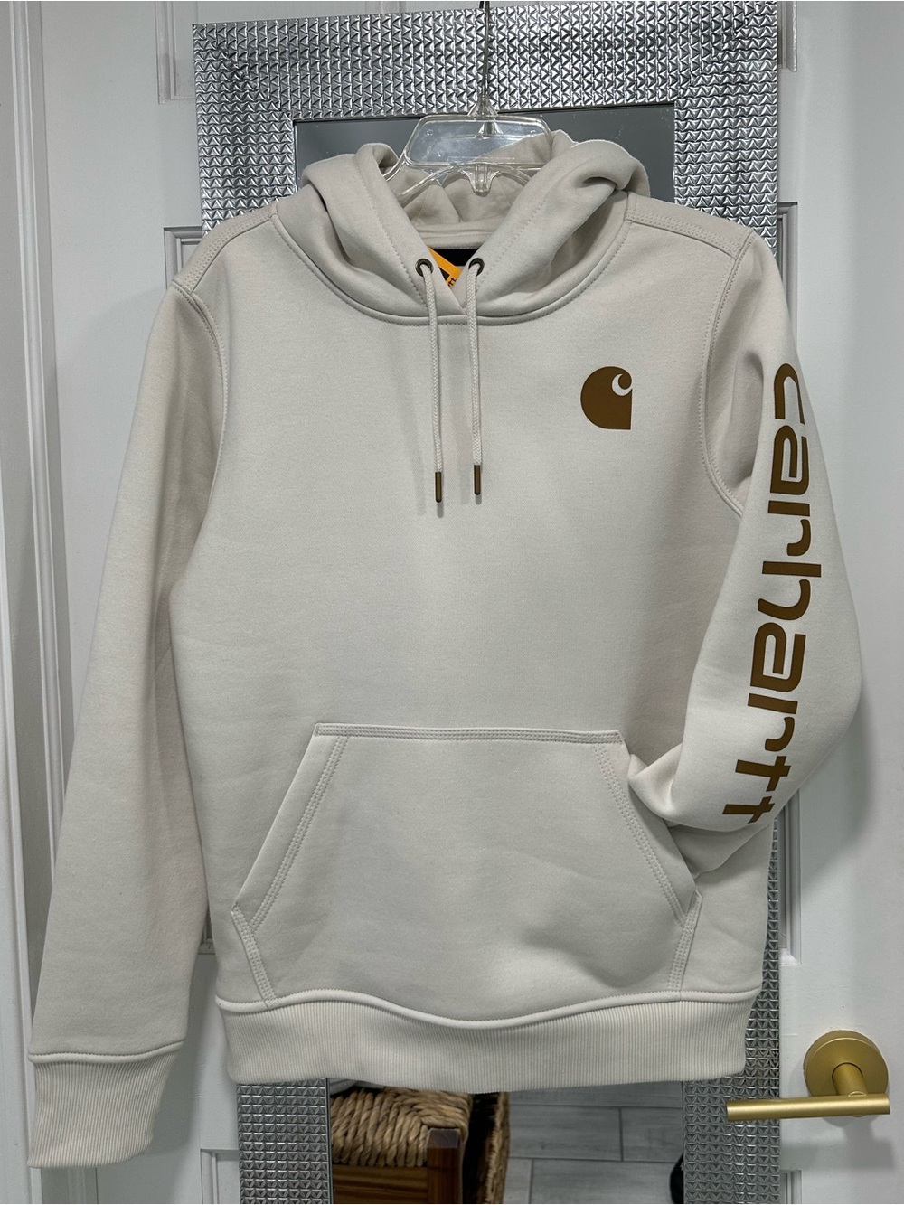 Carhartt Cream Hoodie with Brown Logo and Sleeve Script